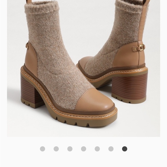Lug Sole Sock Boots, Block Heel Ankle Booties, Tan Neutral Winter‎ Shoes - Picture 2 of 6